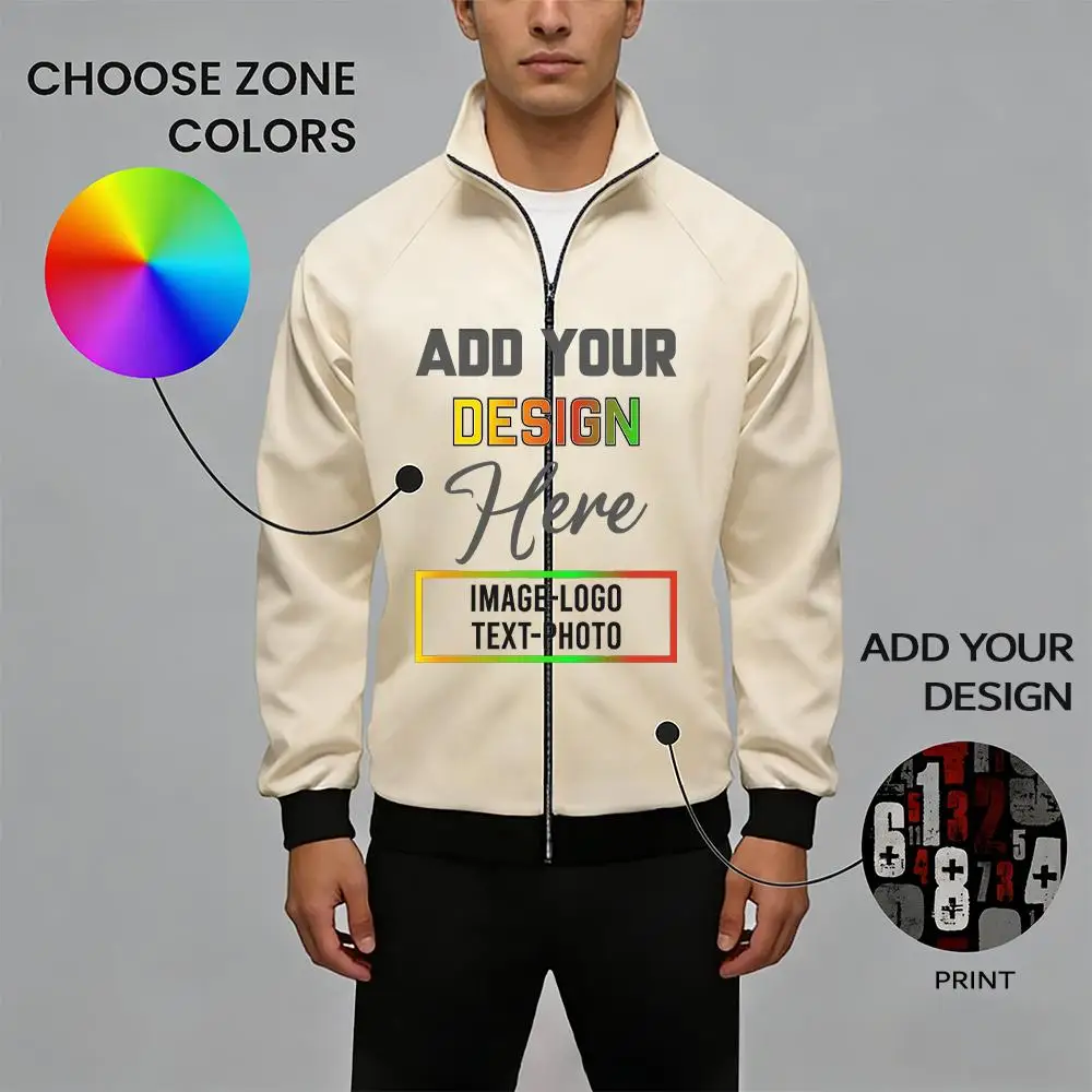 Custom 3D Print Men Stand Collar Sweatshirt DIY Design Team Club Long Sleeve Zip Up Jackets Fasion Personality Customized Coat