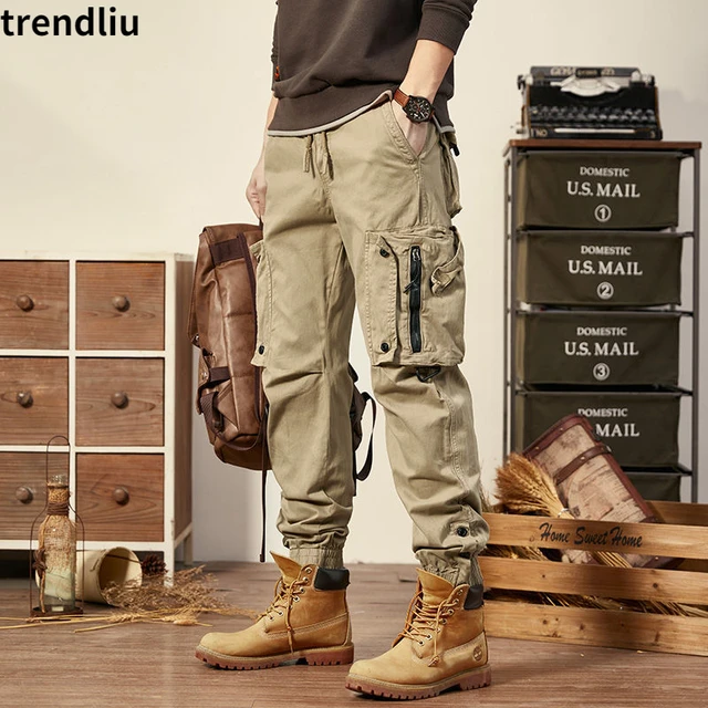 Spring Autumn Mens Cargo Pants Multi Pocket Khaki Trousers Casual Military  Cotton Pants Men Plus Size Pantalon Cargo Homme