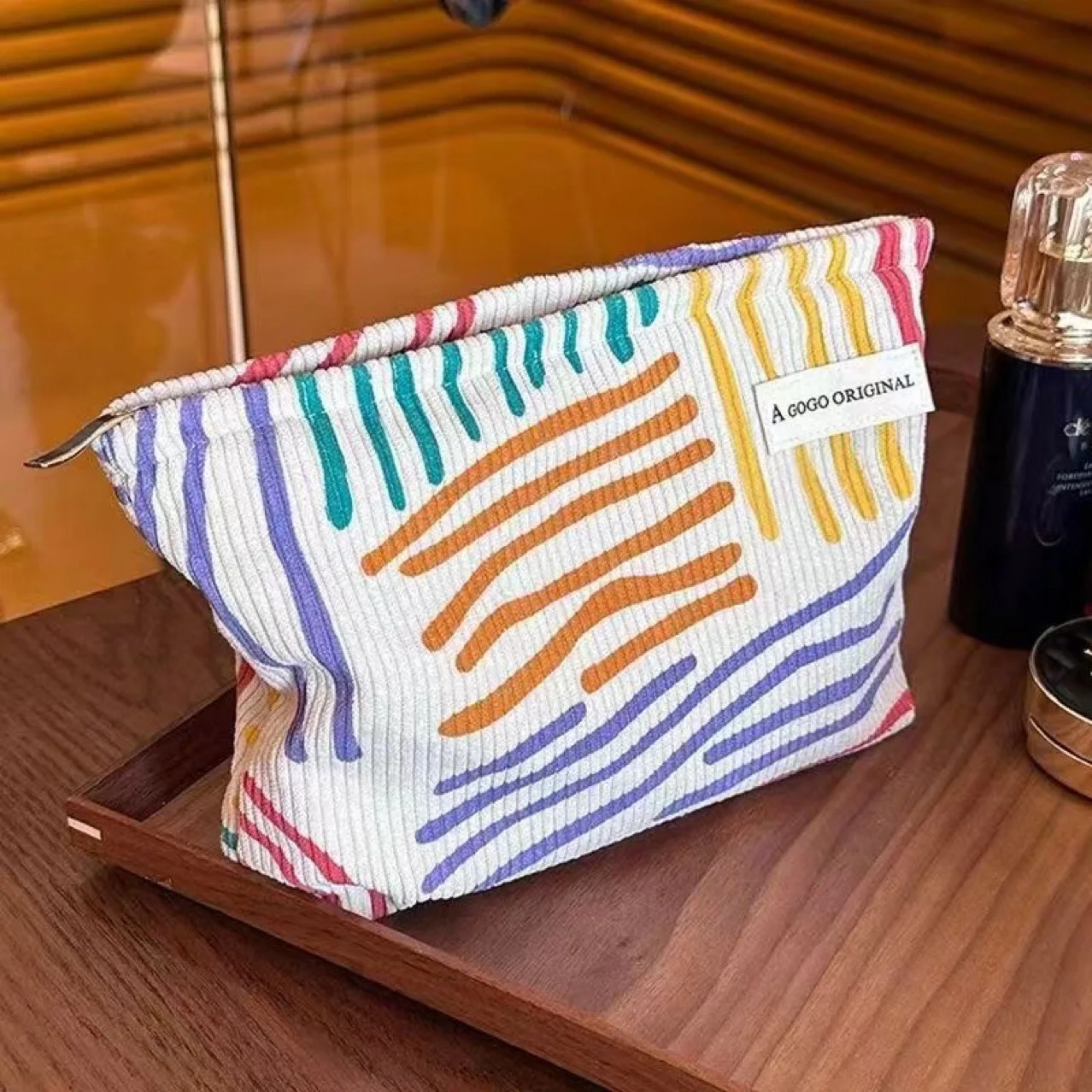 Corduroy Cosmetic Bag, Striped Portable Toiletry Bag for Skin Care Storage, Travel Essentials for Students & Business Trips