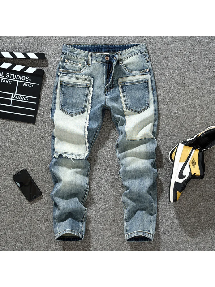 กางเกงยีนส์วินเทจผู้ชายสไตล์เรโทร ดีไซน์แฟชั่นสตรีททรงสลิมฟิต ขาตรงเล็กน้อย รุ่นใหม่ปี 2025