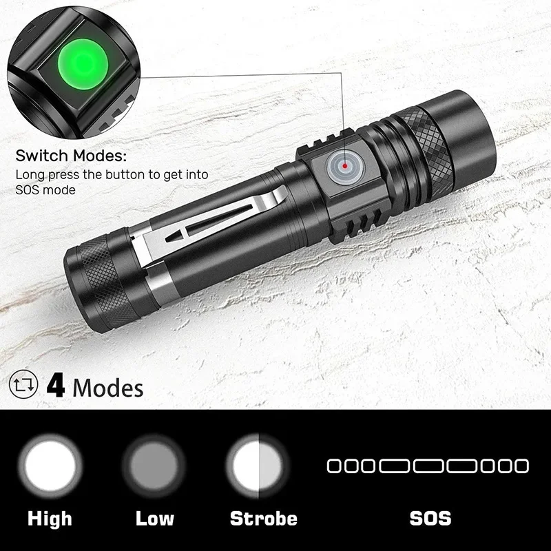 High Power Led Flashlights Zoomable Camping Torch With T6 LED Lamp Beads Waterproof 4 Lighting Modes Multi Function USB Charger