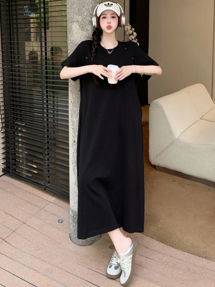 NYFS Tシャツサマードレス 2025 韓国スタイルの女性のルーズプラスサイズ半袖固体ロングドレスローブ Elbise