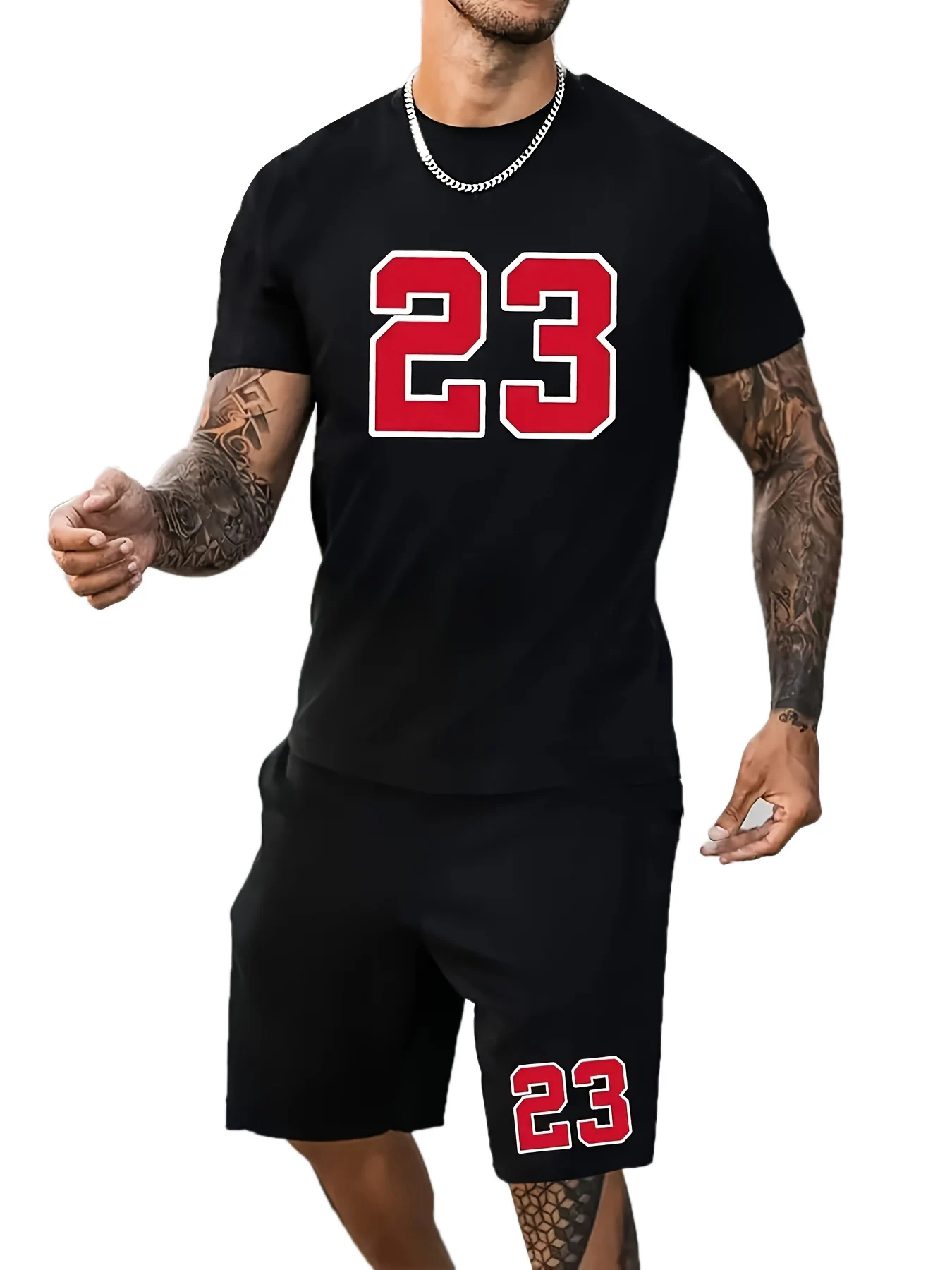 Men\'s 2 Pieces Summer Outfits, Casual and Sports Wear Set, Number 23 Printed T-Shirt and Drawstring Shorts