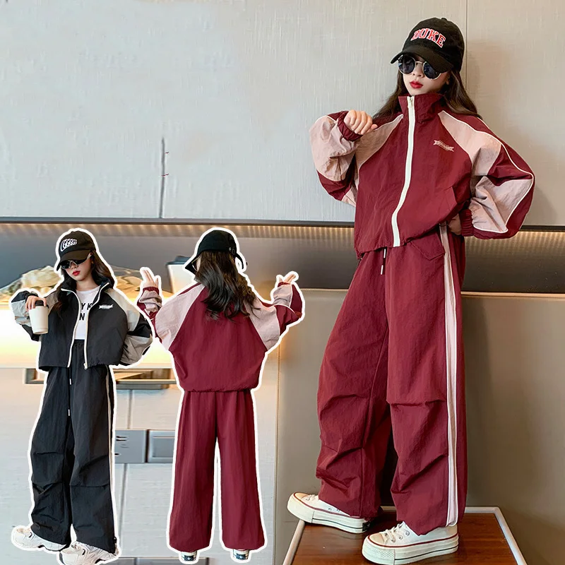 

Осенние школьные комплекты-карго из 2 предметов для девочек, лоскутная куртка с отложным воротником + брюки на шнурке, детский спортивный костюм для девочек, костюмы для девочек от 4 до 14 лет