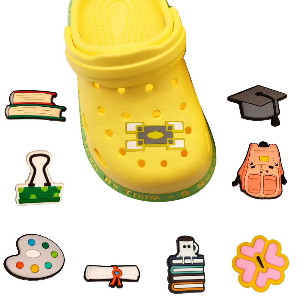 1pcs PVC Shoe Charms Book Schoolbag Palette Shelf Academic Hat Garden Shoes Button Fit Wristbands Ornament Slipper Accessories