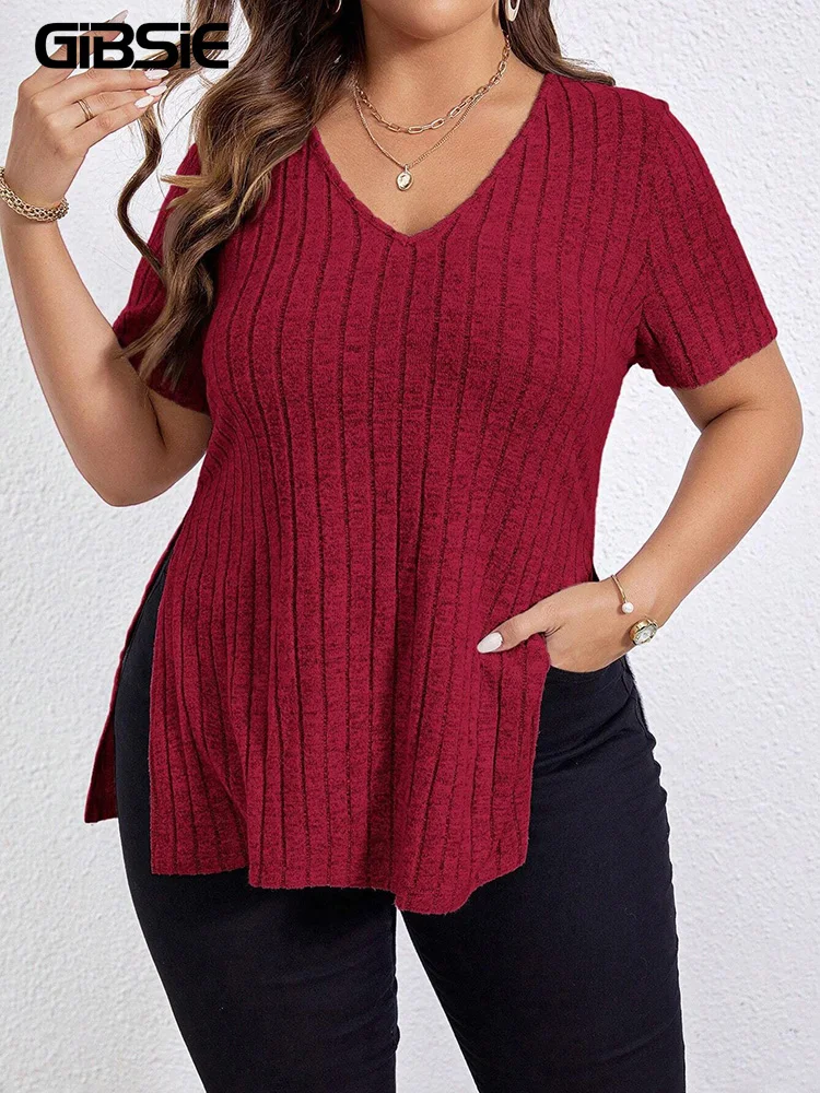 Gibsie Plus Size Zomer V-Hals Korte Mouw T-Shirt Vrouwen Mode 2024 Nieuwe Stevige Rib-Gebreide Casual Side Split Lange T-Shirts Tops