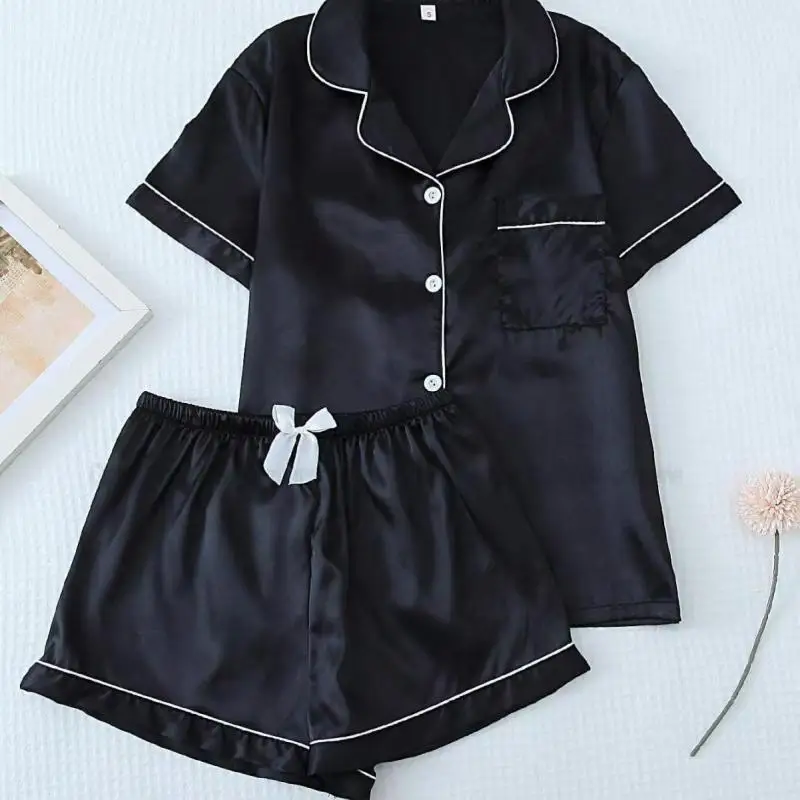

Elastic Waist Shorts Pajamas Set Women Satin Nightwear Loose Pijama Mujer 2Pcs Outwear Sleepwear Sexy Lapel Shirt Shorts