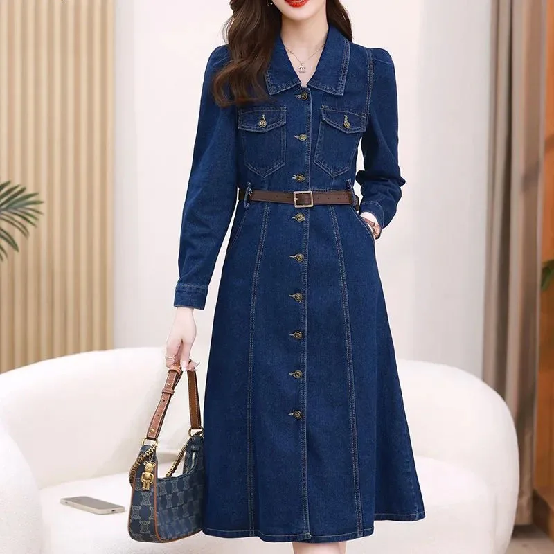 Vestido camisero vaquero de manga larga para mujer primavera otoño nuevos vestidos Retro moda femenina vestidos vaqueros medio largos de un solo pecho