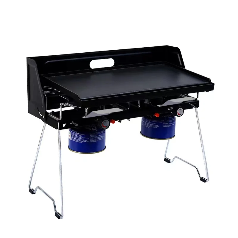 Outdoor Portable Gas Stove, Gas BBQ Grill, Double Burners Grill, with Griddle, Iron Plates