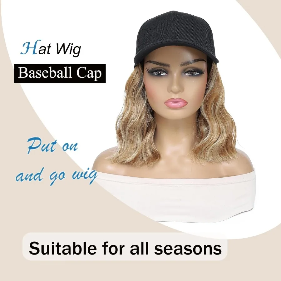 باروكة قبعة بيسبول قابلة للتعديل مع وصلات شعر مموجة طبيعية للنساء، قطعة شعر صناعية مجعدة ومموجة مثالية لـ Ev