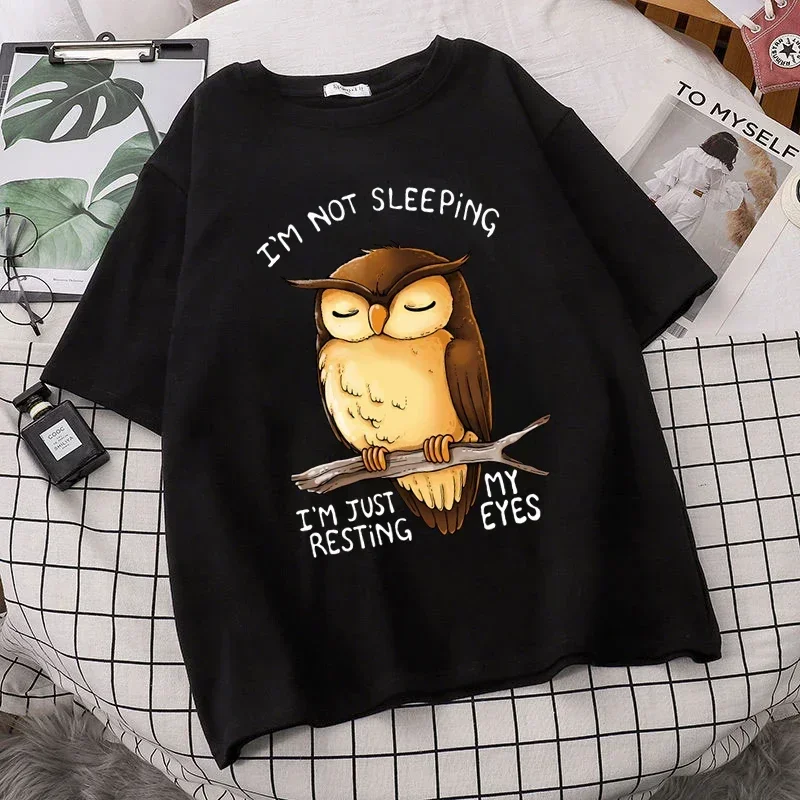 2024 yaz Vintage Unisex Oversized boy T-shirt Y2k komik baykuş Tops ben uyku değilim sadece benim gözler baskı T Shirt dinlenme