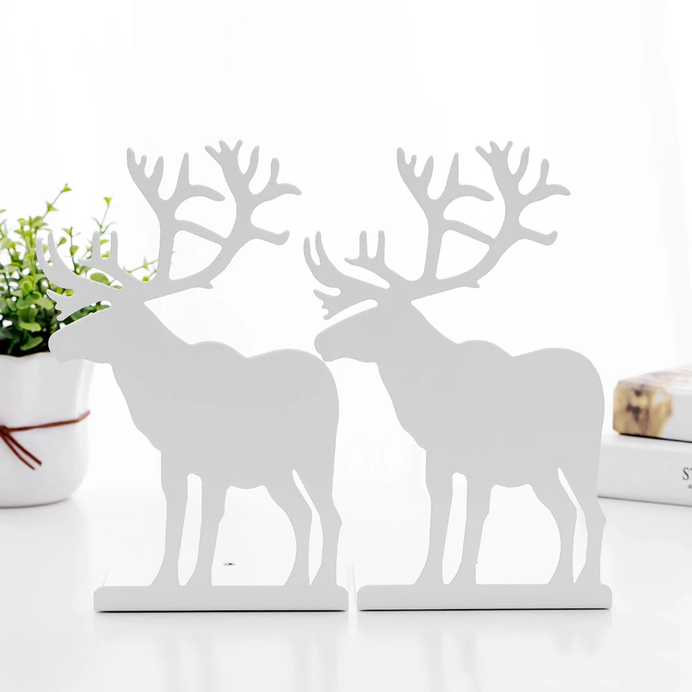 

1 Pair Retro Elk Reindeer Shape Metal Book Stand Desktop Finishing Bookend Stand for Books Storage(White)