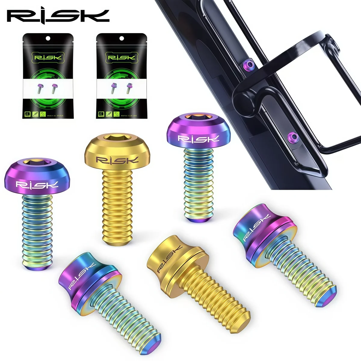 RISK RT014 Titanium Bottle Cage Mounting Bolts M5x12mm With Washers For MTB/Road Bike Water Bottle Holder (Gold Black Titanium)
