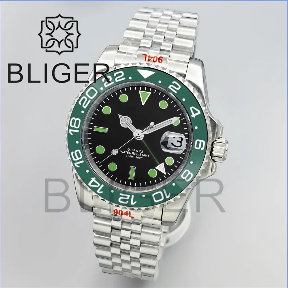 BLIGER 40 مللي متر GMT ساعات رجالية 100 متر مقاوم للماء شعار مخصص السيراميك الياقوت الزجاج الفولاذ المقاوم للصدأ الأعمال التلقائي ساعة رجالية