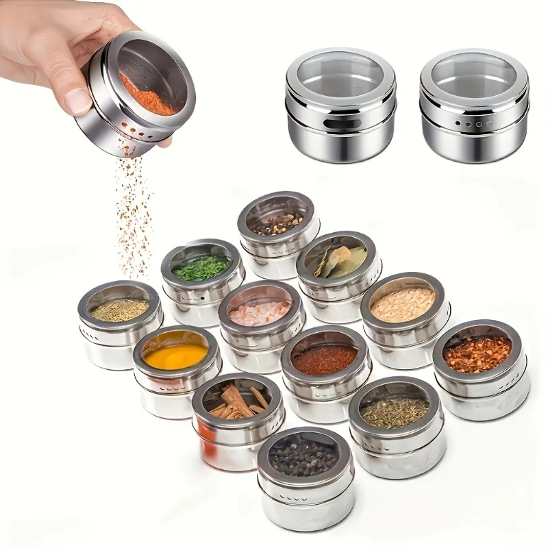 12pcs Magnetic Seasoning Jars with Base Seasoning Jar & Visible Window Stainless Steel Spice Containers Kitchen Accessories Set