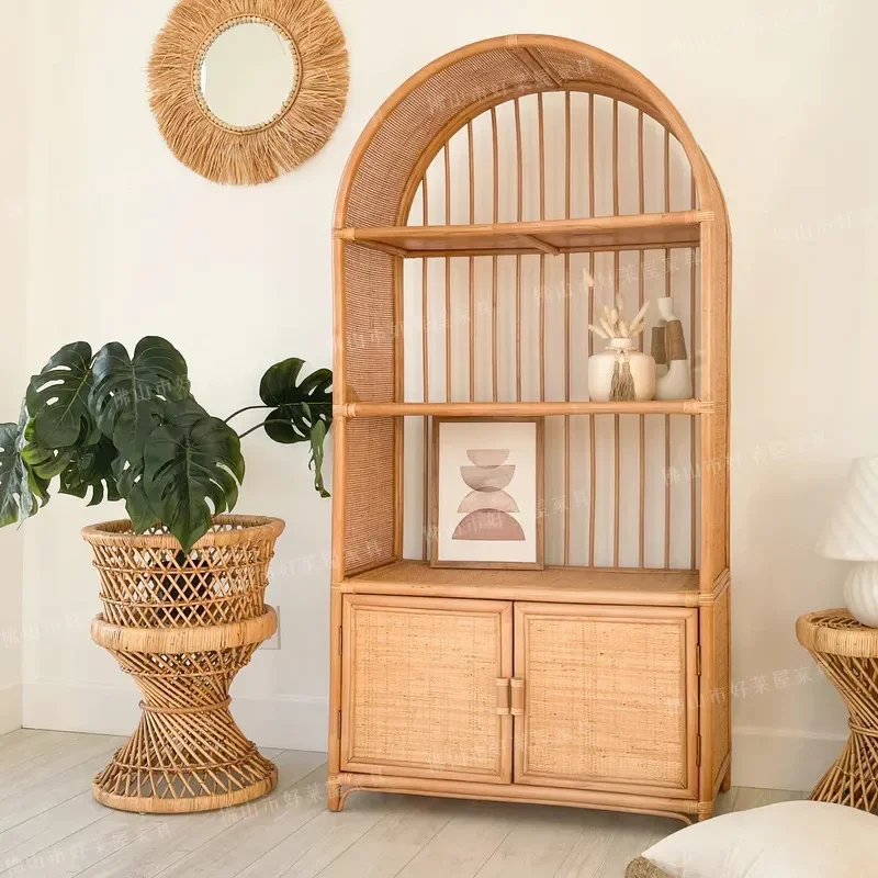 Natural Indonesian Rattan Bookshelf Storage Cabinet Round Arched Vertical Display Shelf Real Rattan Furniture for Home