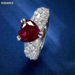 KQDANCE 925 Sterling Silver 5 Carat Created Red Red Corundum Ruby Gemstone High Carbon Diamonds Heart Rings Women Fine Jewelry