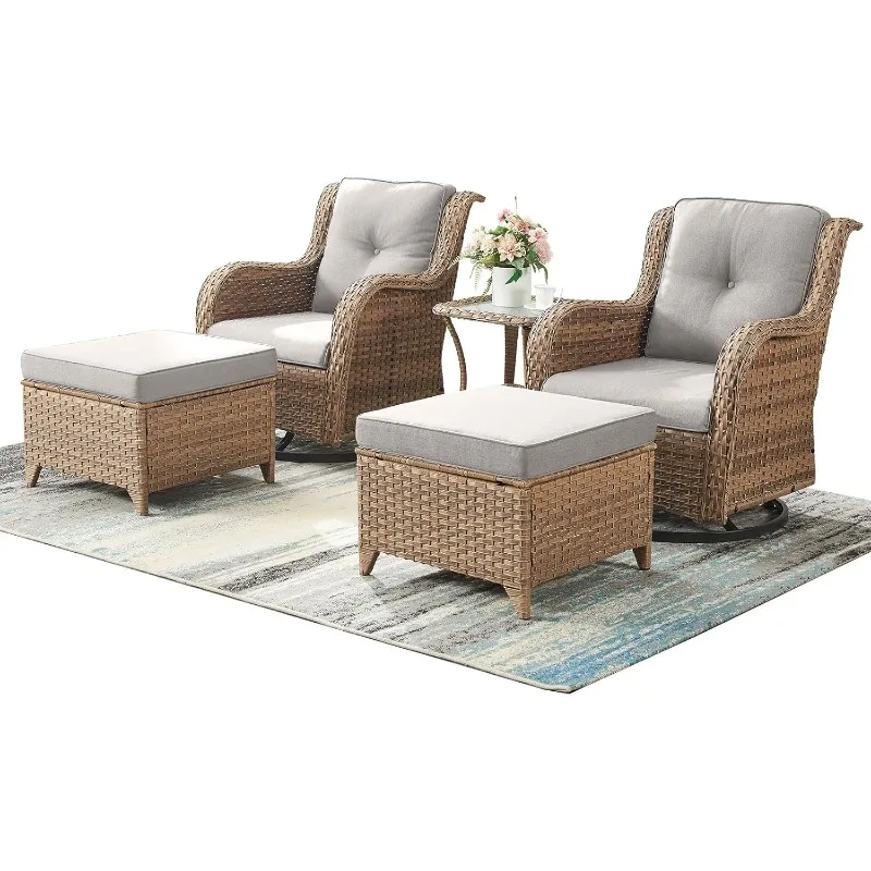 Patio Furniture Swivel Chairs Set - 5 Piece Rattan Wicker Outdoor Sectional Conversation Sets with 2 Swivel Rocking Chairs