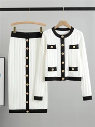 Knit Two Pieces Muslim Women Ensemble Knitted Cardigan Coat Buttons Solid Colour Long Skirt Casual Suit Knitting Skirts Outfits
