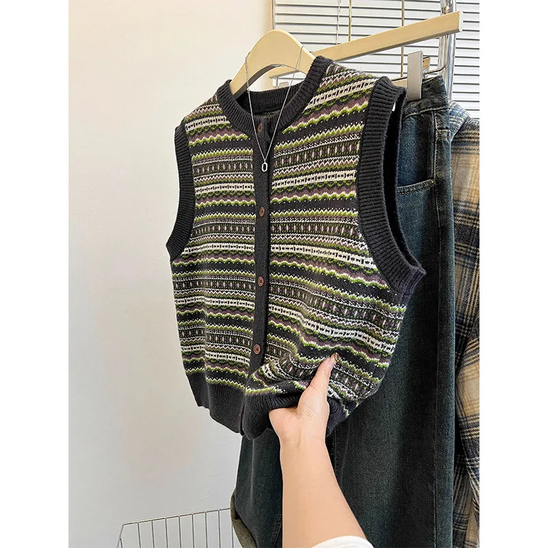 

Retro Patterned Knit Vest for Women - Loose-Fit Sleeveless Sweater for Layering in Spring & Autumn