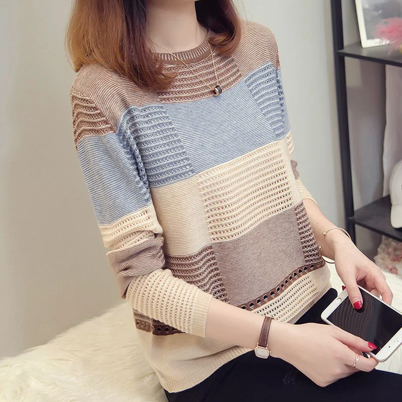 Pullover Women's Spring and Autumn Korean Edition Colored Loose Striped Long Sleeve Underlay T-shirt Hollow out Thin Cover Tops