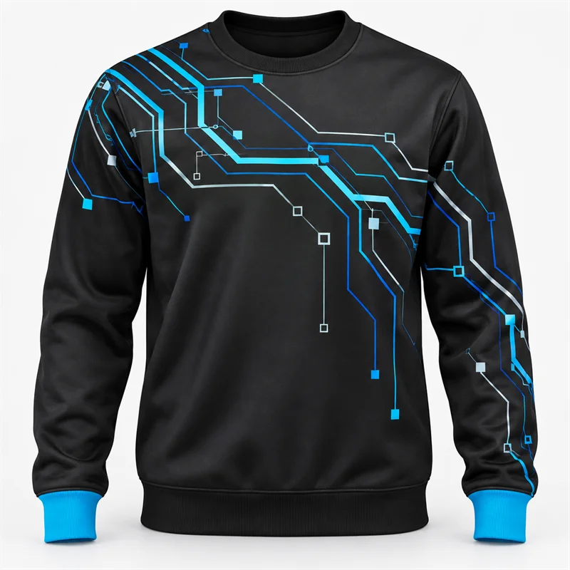 Abstract Sports Sweatshirt Men Gradient Circuit Ladder Neon Loop Chevron Print Crewneck Long Sleeve Casual Athletic Pullover