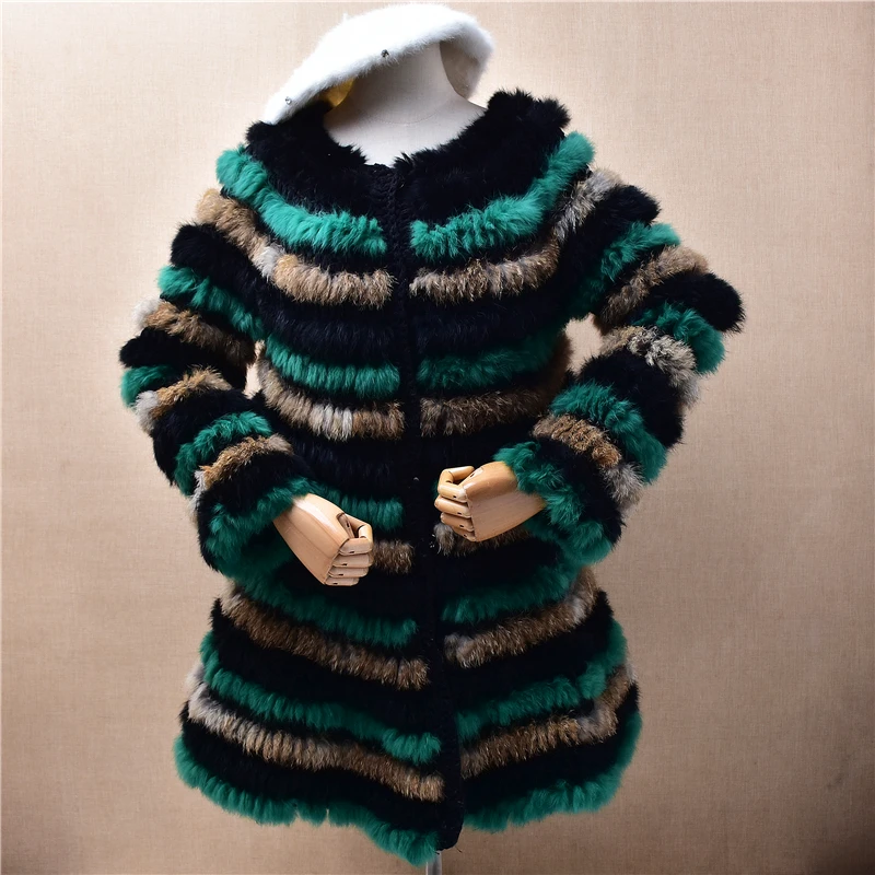 Women Mujer Autumn Winter Thick Warm Striped Crochet Rex Rabbit Hair Wool Knitted Long Sleeves Slim Cardigans Sweater Jacket Top