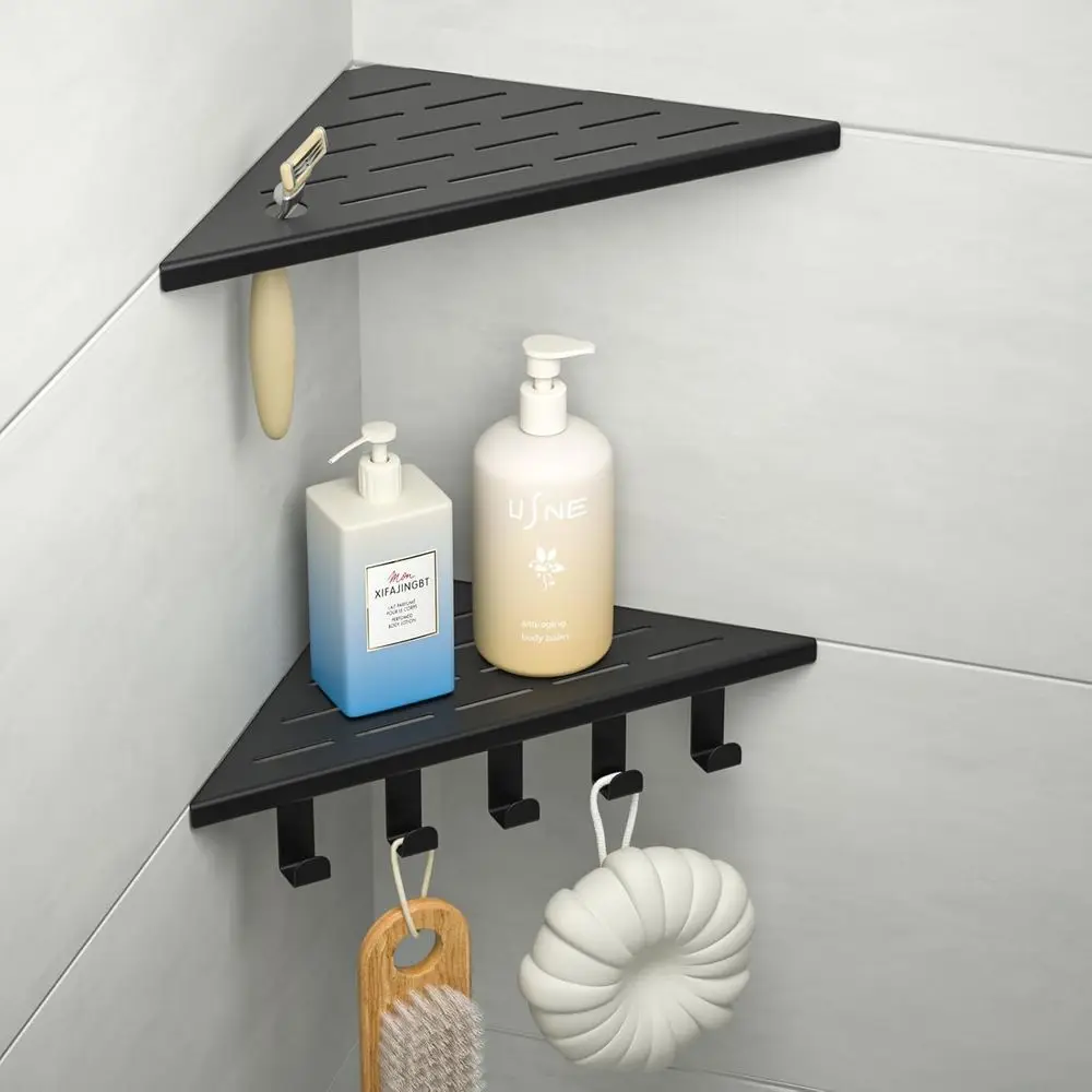 

Matte Black 10-Inch Corner Shower Shelf with Hooks, 304 Stainless Steel, Grout-in Design for Tiled Bathrooms
