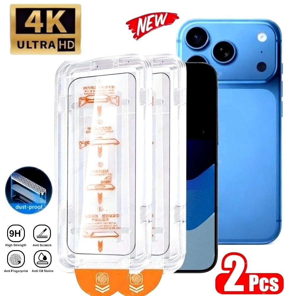 

2 шт. Защитное стекло высокой четкости для iPhone 17, 16, 15, 14 Pro, Air, 15, 16 Plus, 13, 12, 11 Pro, Mini, с установкой в один клик