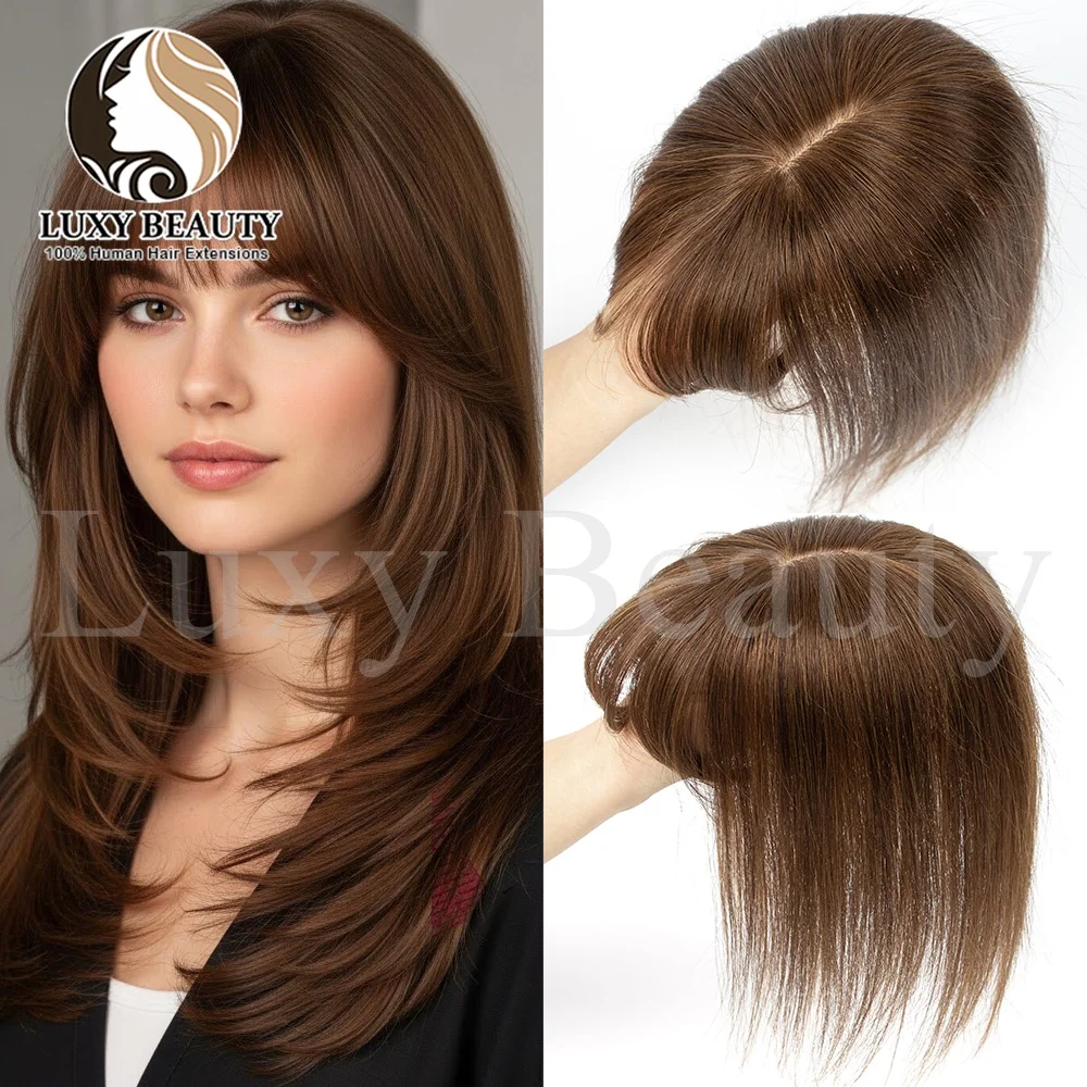 

Straight Brown Human Hair Topper With Bangs Women 8x12cm Natural Black Blonde Skin Scalp Clip in Topper Hair Pieces Hairpiecs