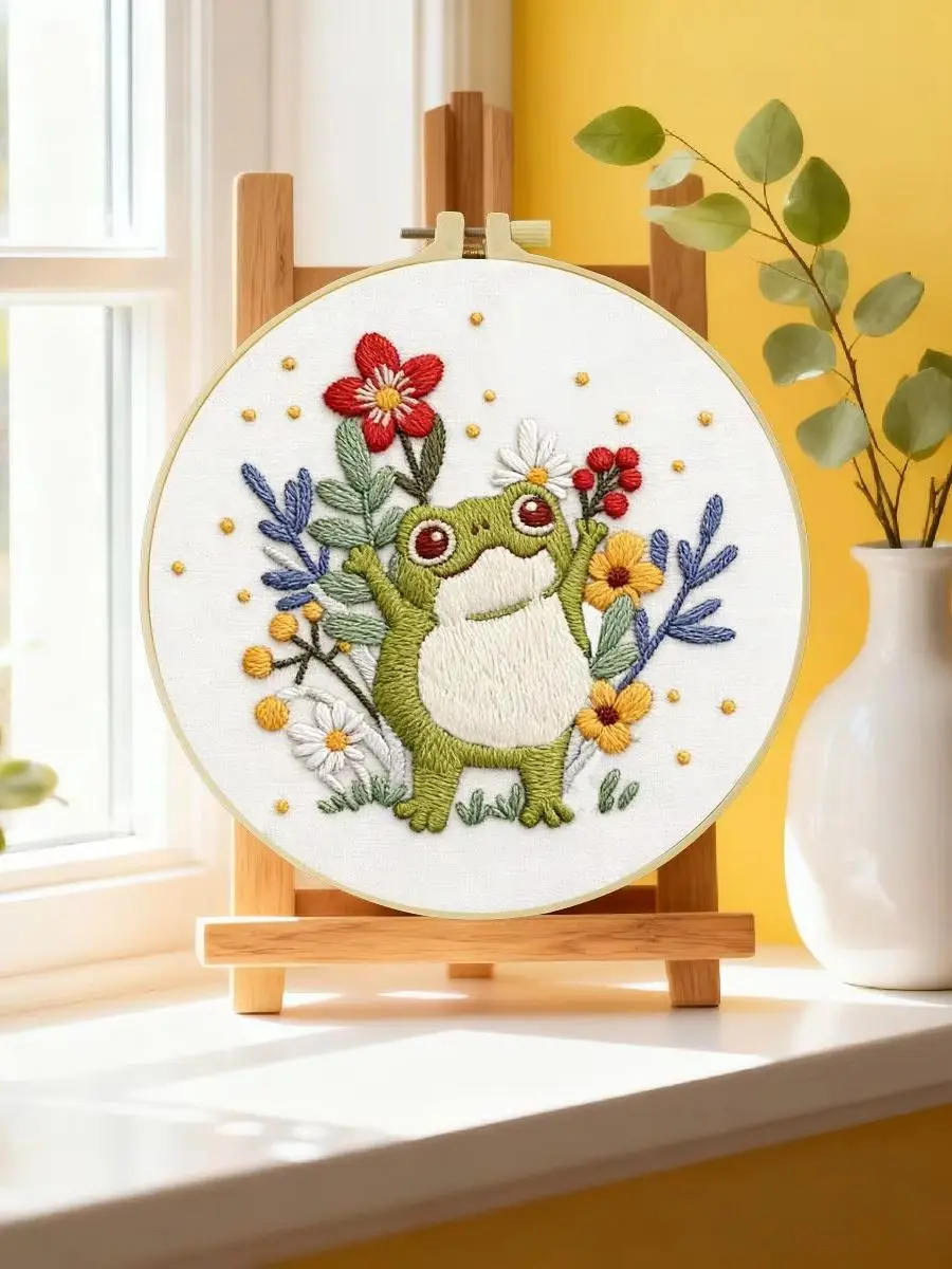 1 Stück 20X20CM/15X15CM 7,87/6,3 Zoll Frosch-Stickerei-Starter-Kit DIY-Kit DIY-Stickerei-Set Handarbeiten Nähkunst-Set für Anfänger – Detail 6