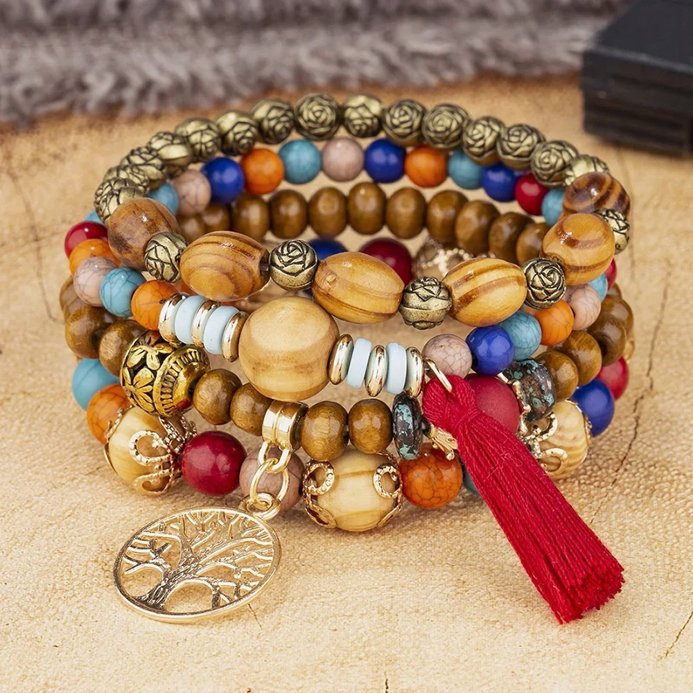 Boho Tree Of Life Bracelet Set For Women Fashion Tassels Charm Wooden Beads Elastic Chain Bangle Girl Trendy Party Jewelry