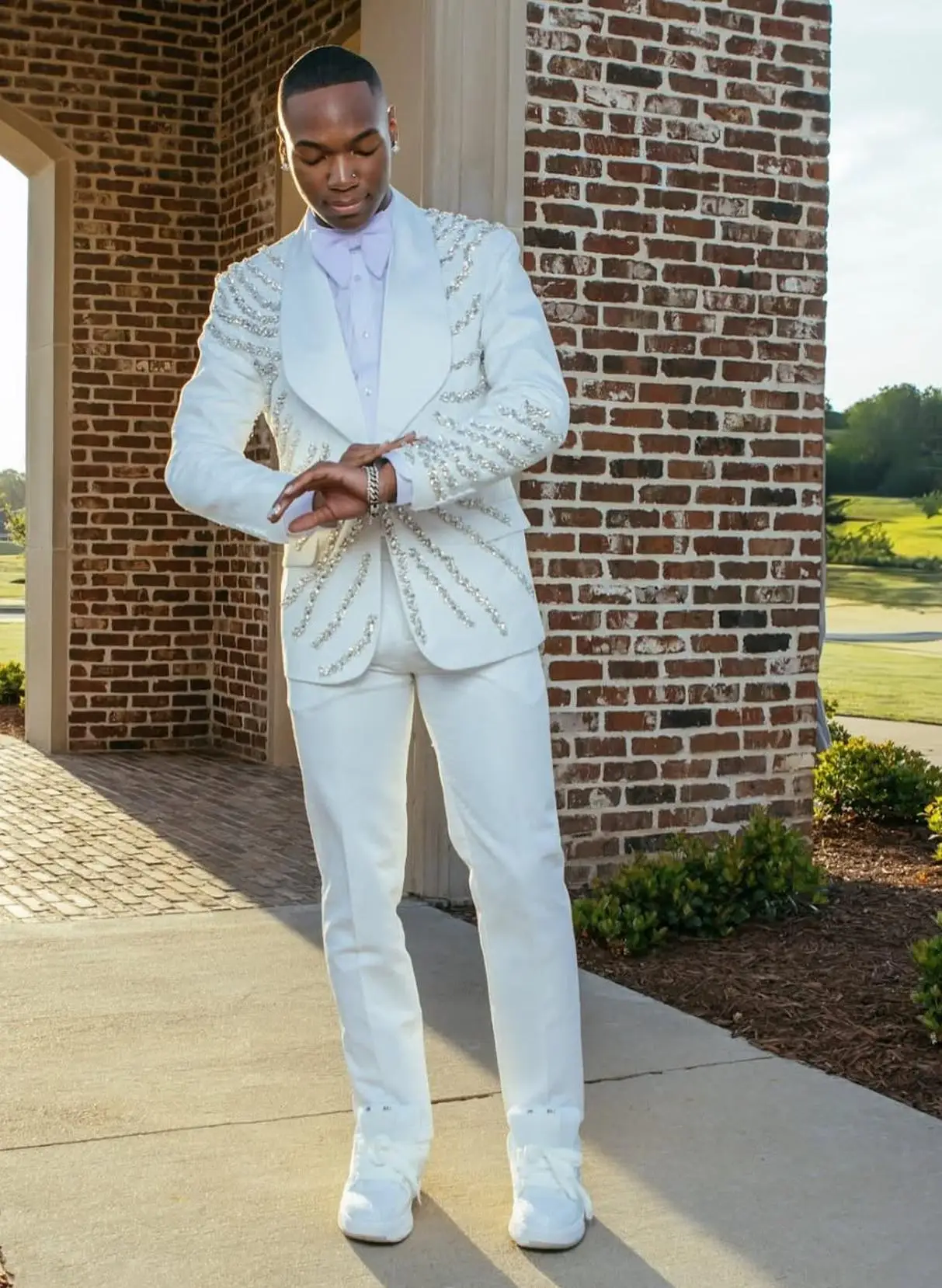 White Crystals Men Suits Set 2 Pcs Blazer+Pants Trousers Customized Luxury Groom Wedding Tuxedo Cotton Formal Office Prom Jacket