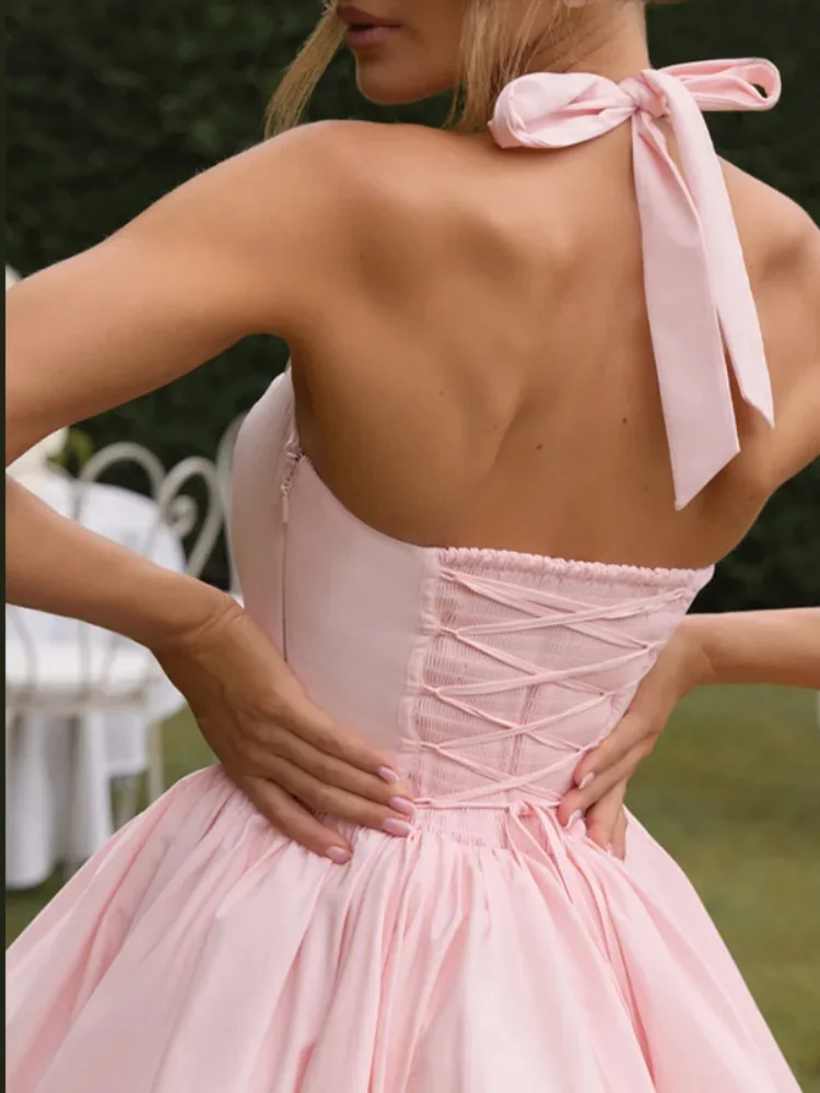 Women Elegant Pink Backless Pleated Lace-up Halter Mini Dress Off Shoulder Sleeve Puff Hem A-line Dresses Summer Lady Partywear