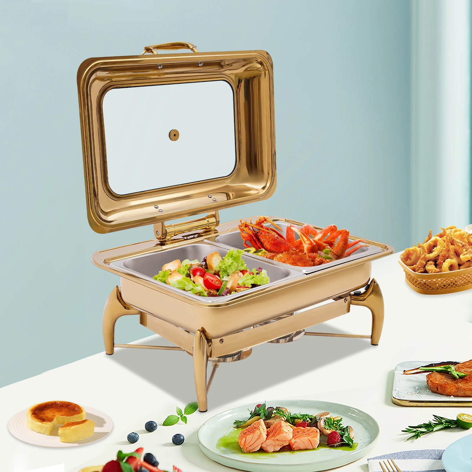 طقم بوفيه أطباق الغضب مستطيل ذهبي سعة 9 لتر، طبق تقديم للمطبخ وتناول الطعام - 90 °   زاوية الفتح، 58.5x44x30 سم