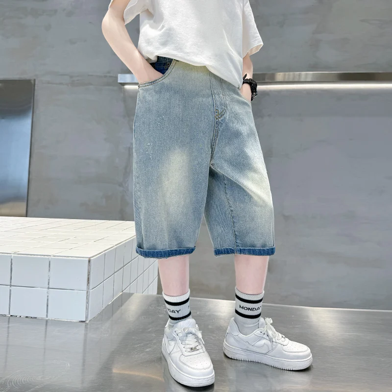 Korte stijl kinderen zomershorts voor jongens effen kleur denim shorts jeans kinderen tiener casual capribroek 5 7 9 11 13 14 jaar