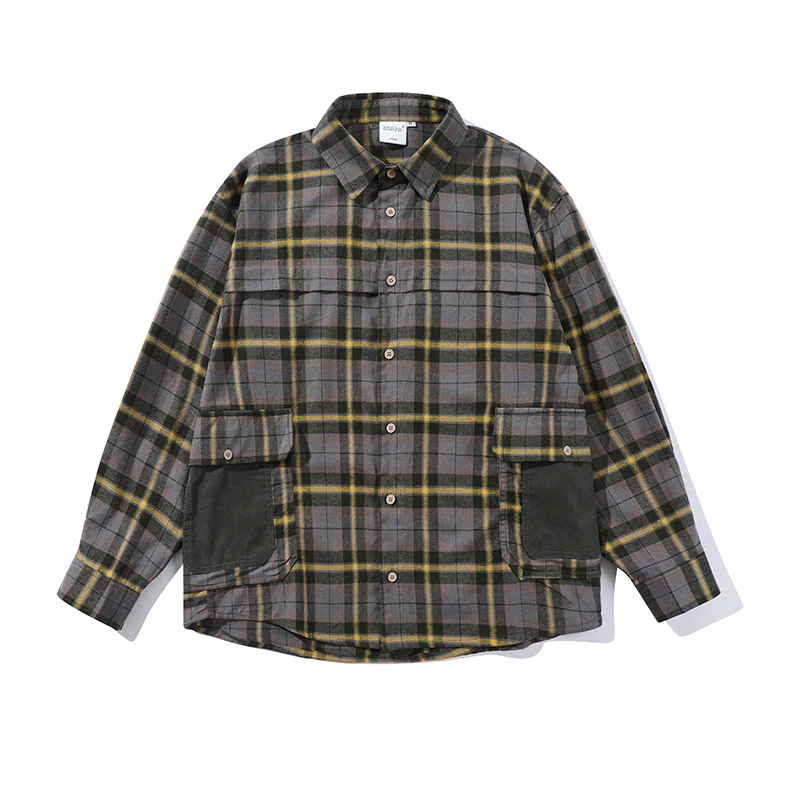 Men Plaid Splice Pocket Loose Casual Long Sleeve Shirts Women Oversized Blouses Cityboy Streetwear Vintage Cargo Shirts