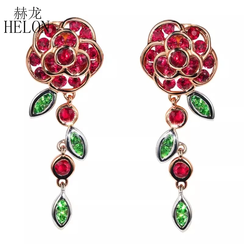 HELON Solid 14k Rose Gold Flower Ruby Drop Earrings Set Tsavorite Gemstone Studs Earrings Anniversary Exquisite Trendy Jewelry