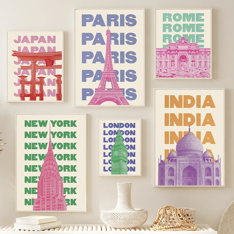 

Paris Tower Big Ben Pyramid Islamic Building Wall Art Posters Prints Nordic Canvas Painting Landscape Pictures Living Room Decor