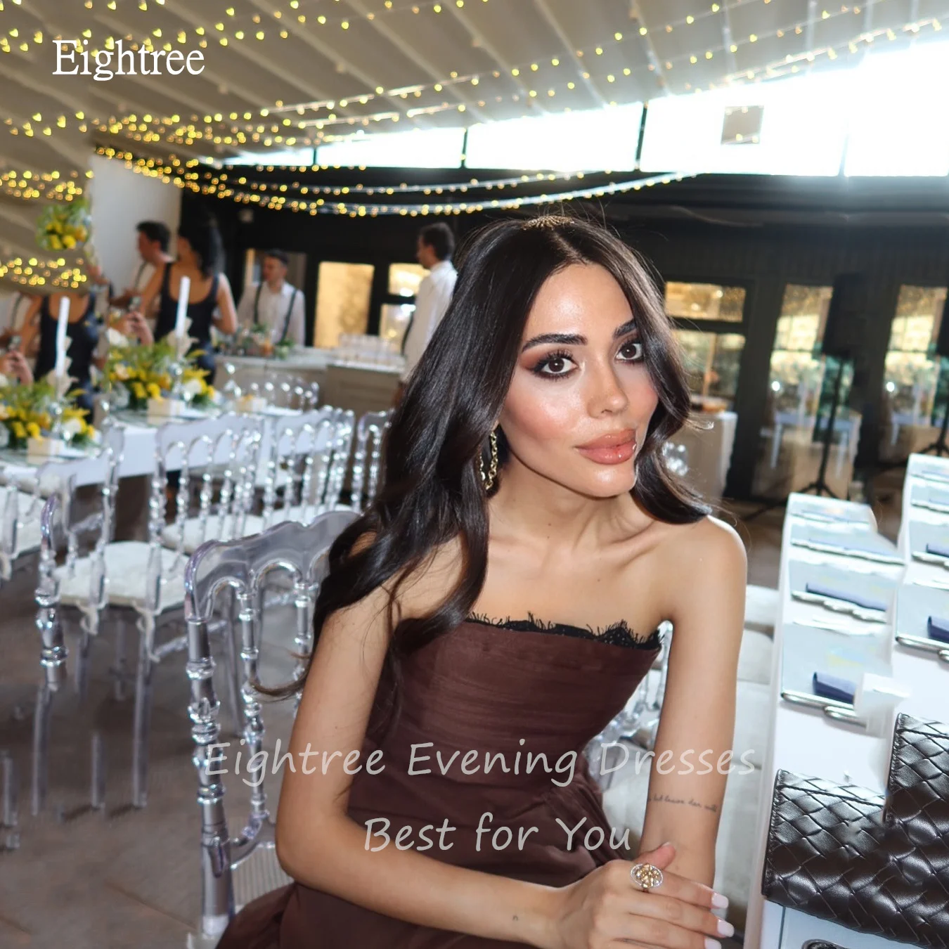 Eightree เซ็กซี่สีน้ําตาล Mermaid PROM Gowns ลูกไม้ Strapless จีบชุดราตรียาวชุดราตรีที่กําหนดเอง