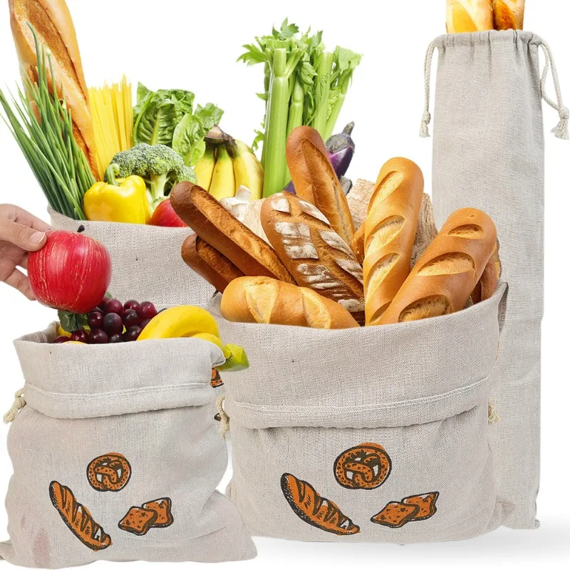 Linen Bread Bag Reusable Bags For Bread Drawstring Bags Homemade Artisan Bread Storage Bag Baguette Bag Food Storage Containers