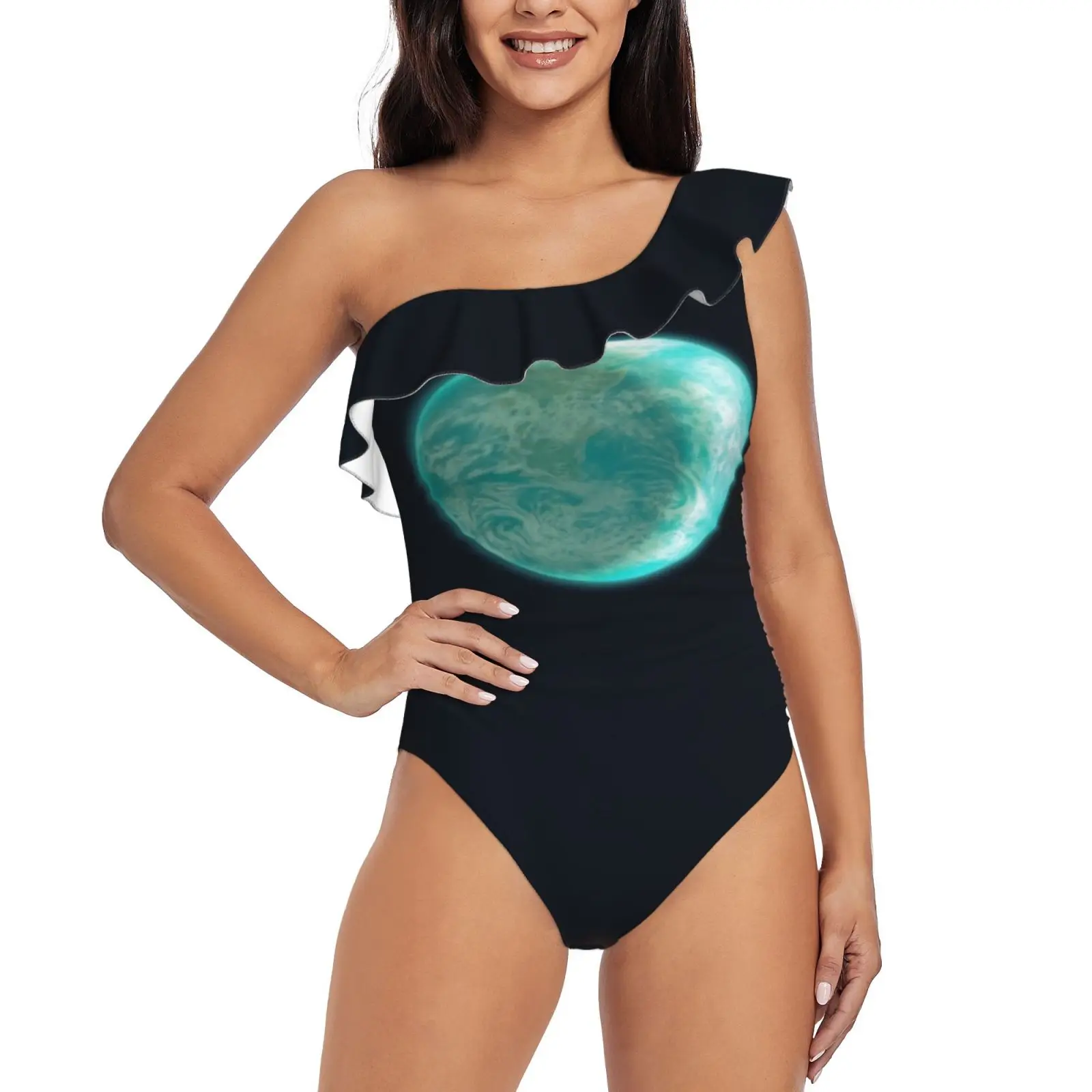 Pale Blue Dot One Shoulder Ruffle Swimsuit One Piece Print Swimwear Women Bathing Suit Monokini Earth Earth Day Planet Space