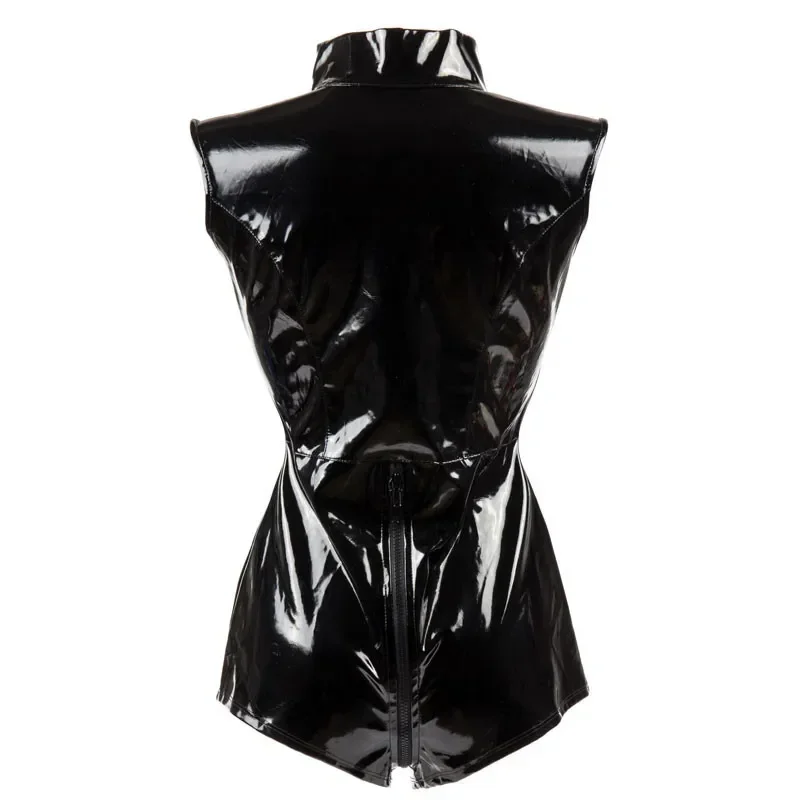 Women Black PVC Leather Bodysuits Shiny Bodycon Club Party Jumpsuit Zipper Open Crotch PVC Erotic Leotard Costumes