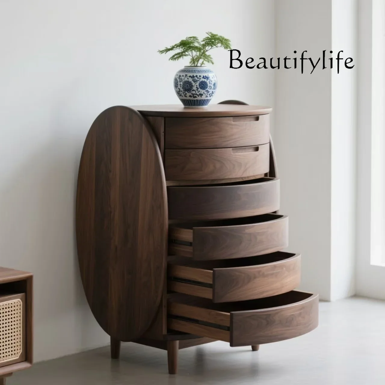 

XS Italian Minimalist North American Black Walnut Chest Cabinet Solid Wood Drawer Cabinet Living Room Art Storage Oval Cabinet