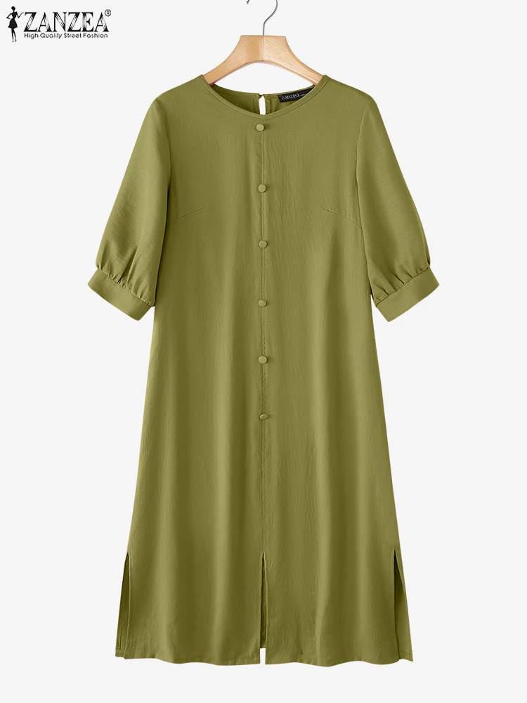 

ZANZEA Summer Crinkled Texture Midi Dresses Women Round Neck Half Puff Sleeve Slit-Hem Robes Femme Casual Loose Solid Vestidos