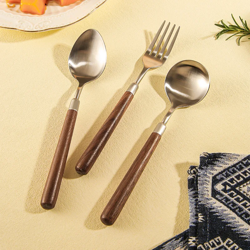 304 Stainless Steel Cutlery Set Wood Handle Dinnerware Spoon Fork Knife Western Cutleri Silverware Tableware Supplies