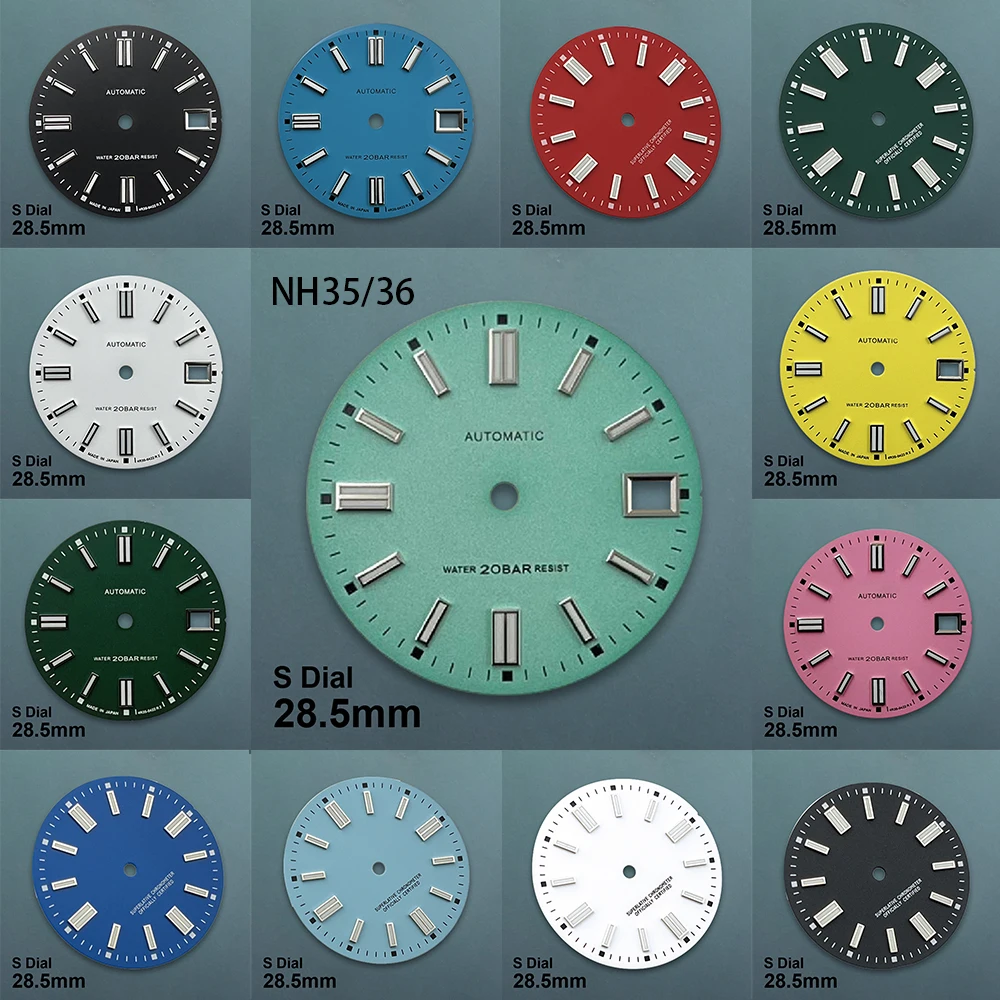 28.5mm S Logo Matte Dial Fit NH35/NH36/4R/7S Japan Movement Green Luminous High Quality Lake Blue Watch Modification Accessories