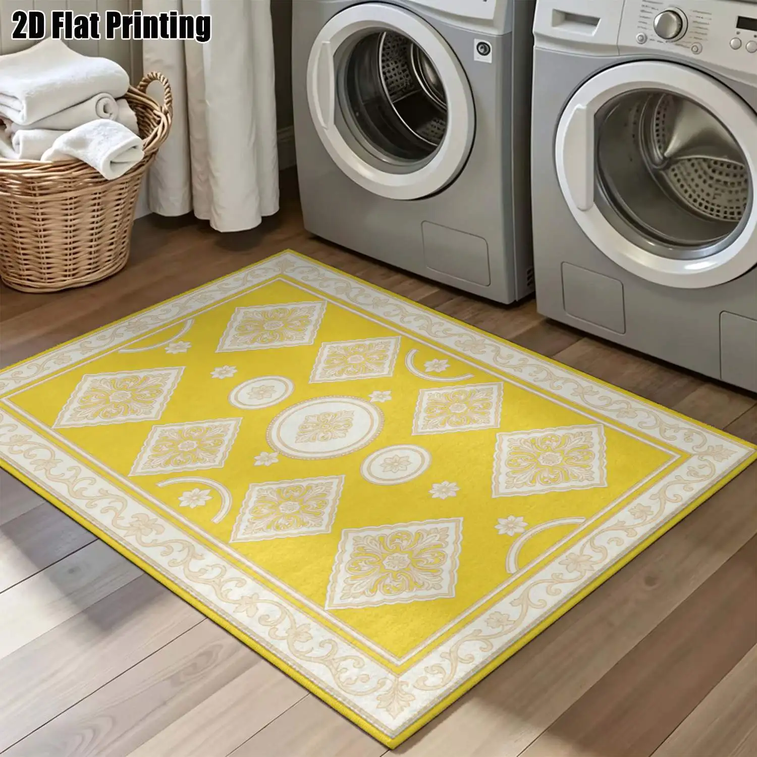 1Pc 2D Printed Beige Light Yellow Retro European Carpet, Multi-Size Machine Washable, Fit Home Decor & Multi-Scenes