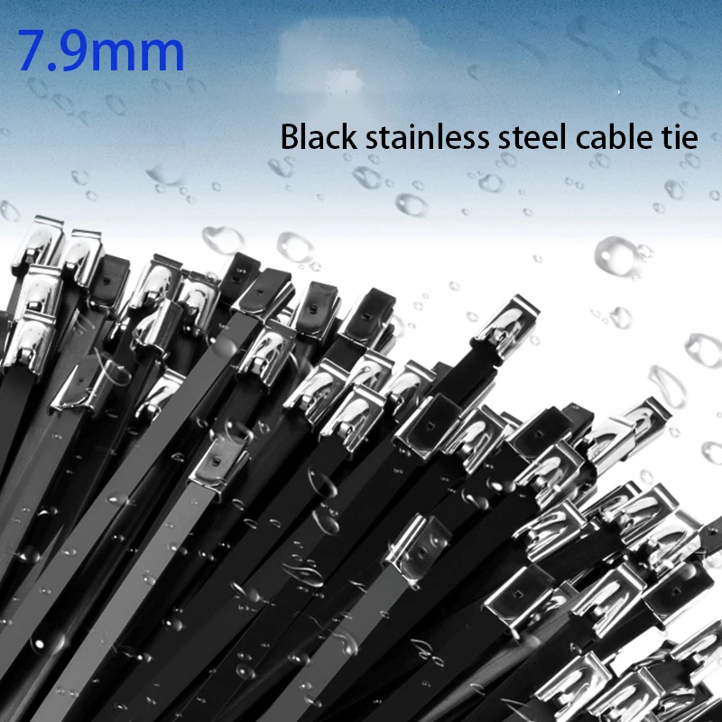 7.9mm Cable Ties Stainless Steel Metal Black Cable Ties Coated Locking Metal Zip-Exhaust Multifunctional Locking
