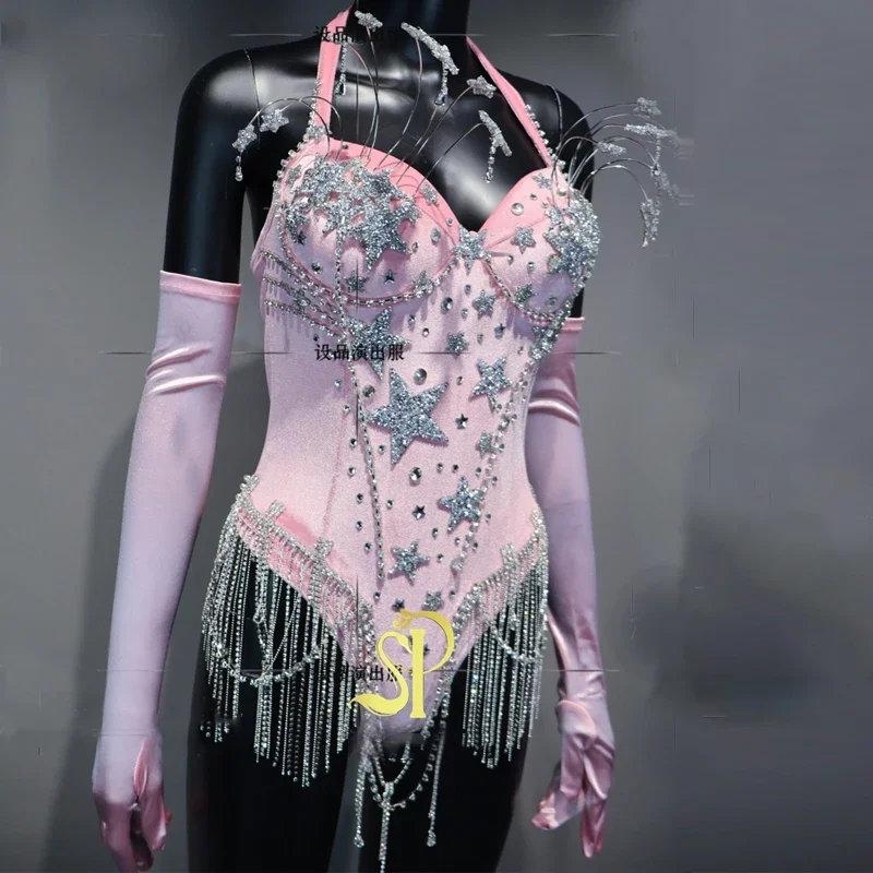 생일 파티 의상 바 나이트클럽 디제이 파티 고고 댄스 의상 스타 스팽글 태슬 바디수트 여성 폴댄스 의상 무대 의상